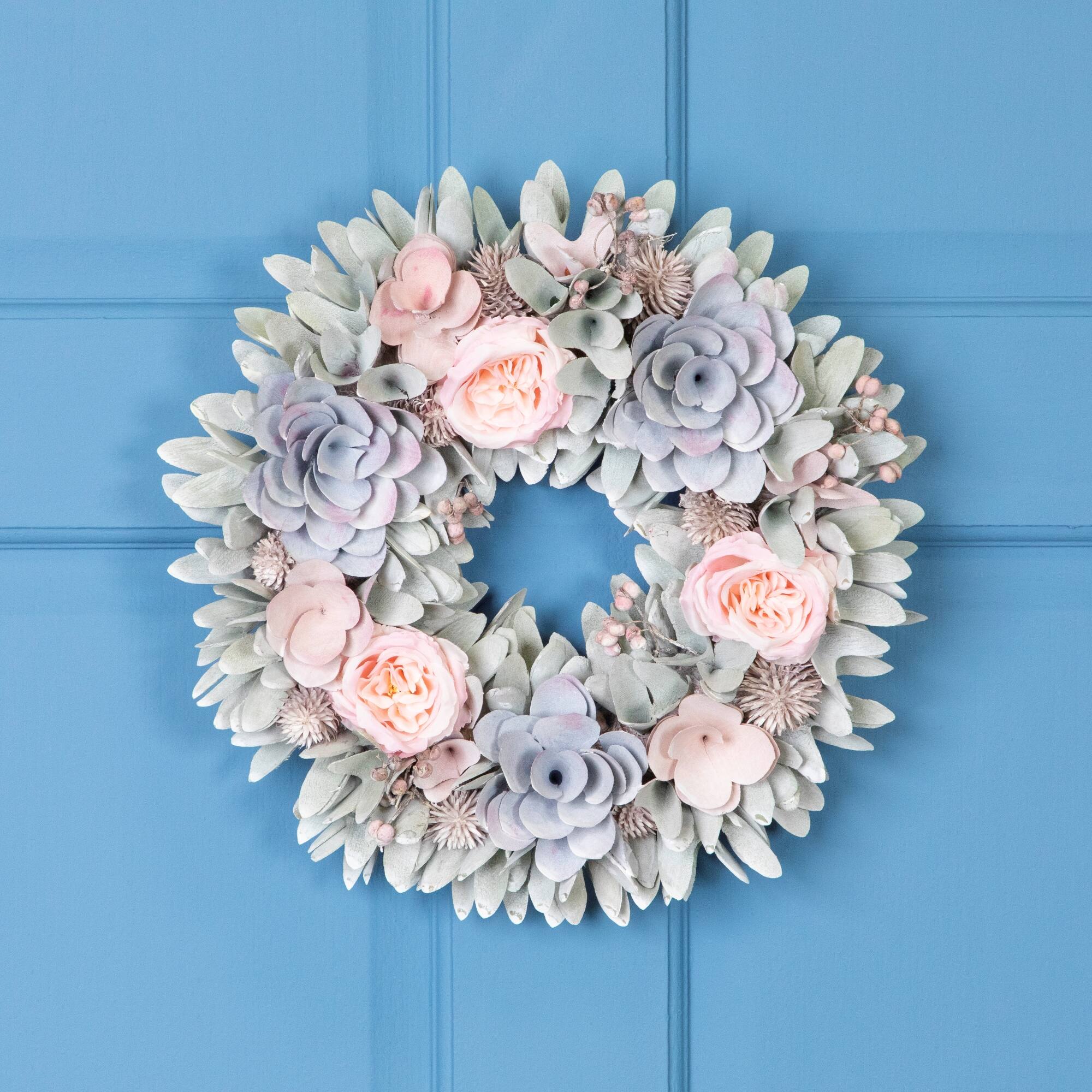 14" Roses & Thistle Artificial Spring Wooden Floral Wreath